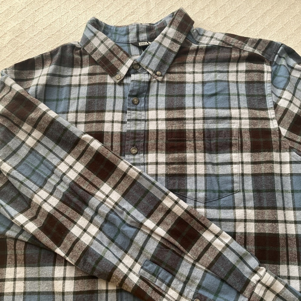 Eddie Bauer Men's Flannel 2XL Blue Plaid Thick Cotton Long Sleeve Button Down